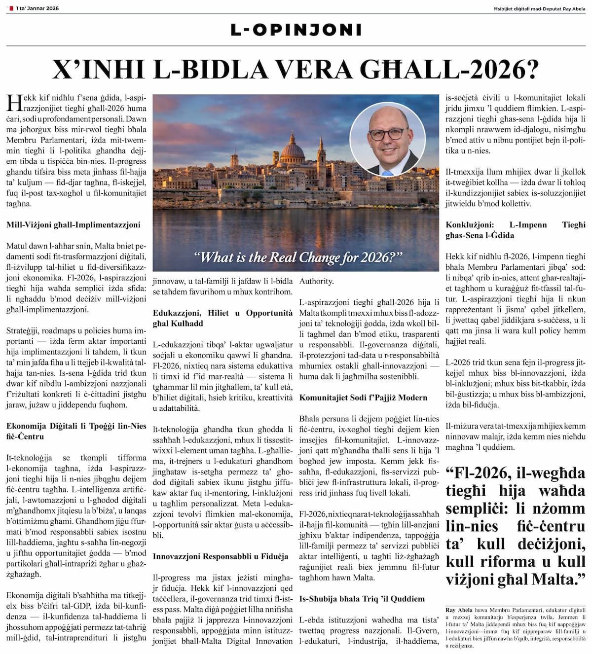 Ray Abela — article excerpt, L-Opinjoni, January 1, 2026